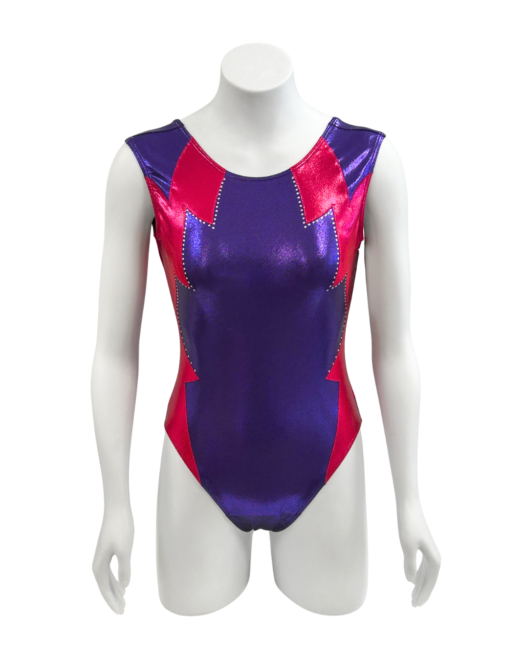 Purple and pink leotard on a mannequin against a white background