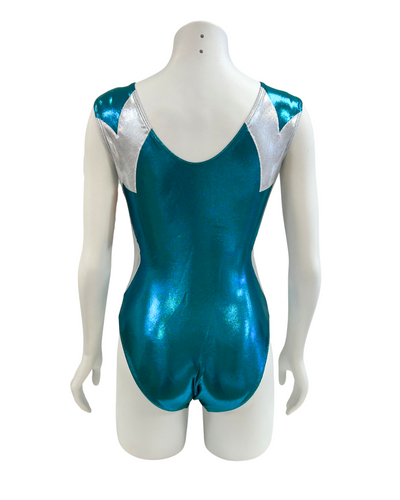 Teal and silver leotard on a mannequin against a white background