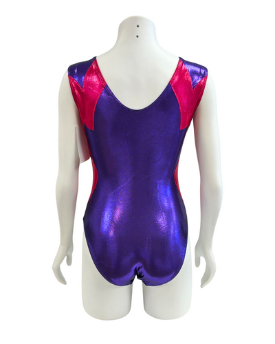 Purple and pink leotard on a mannequin against a white background